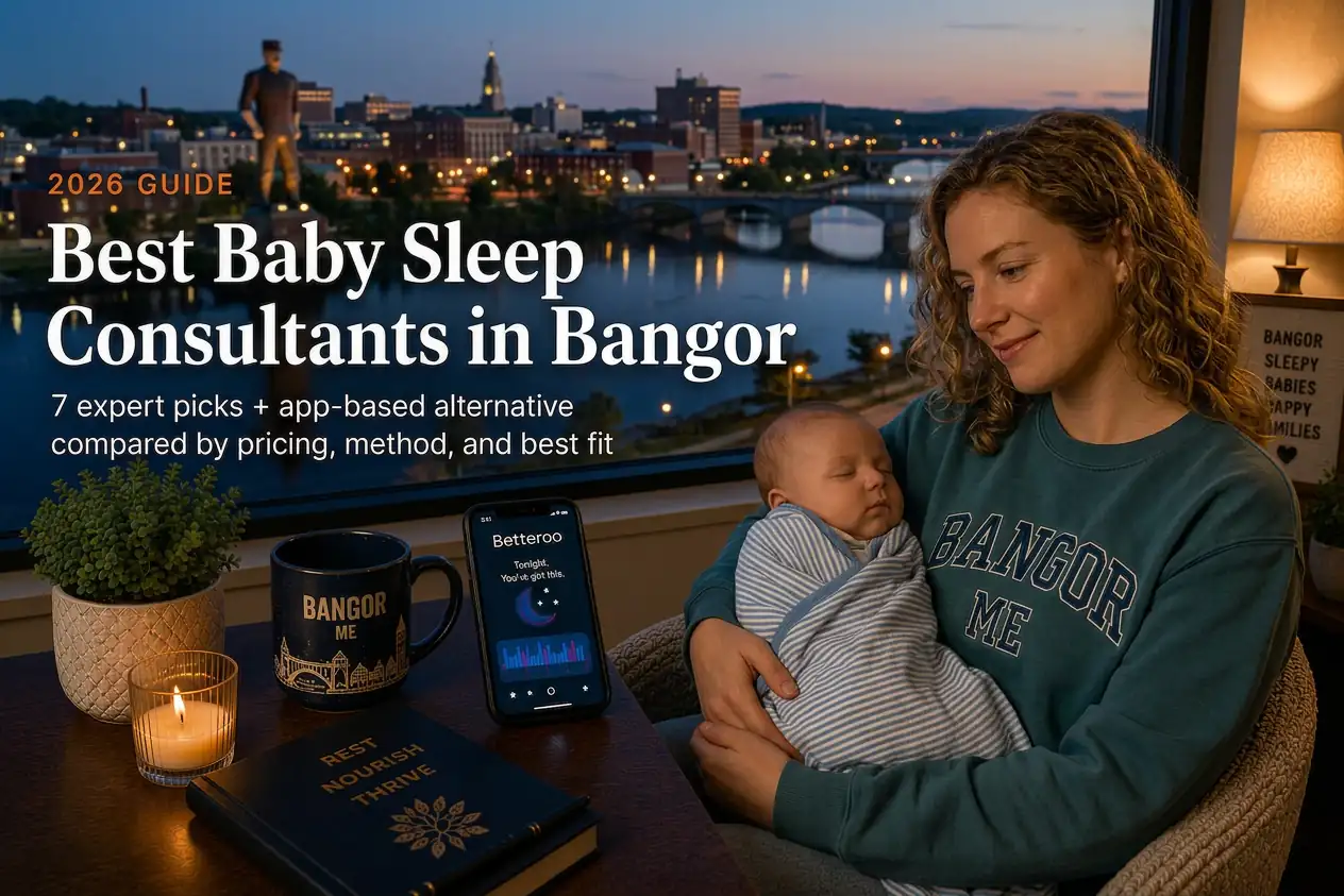 Mother holding a sleeping baby by a window overlooking the Bangor Maine skyline at dusk, guide to baby sleep consultants in Bangor