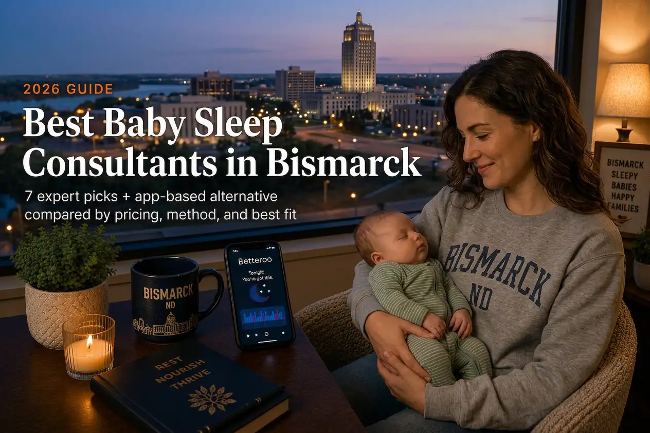 Mother rocking a sleeping baby near the North Dakota State Capitol at dusk, baby sleep consultants in Bismarck
