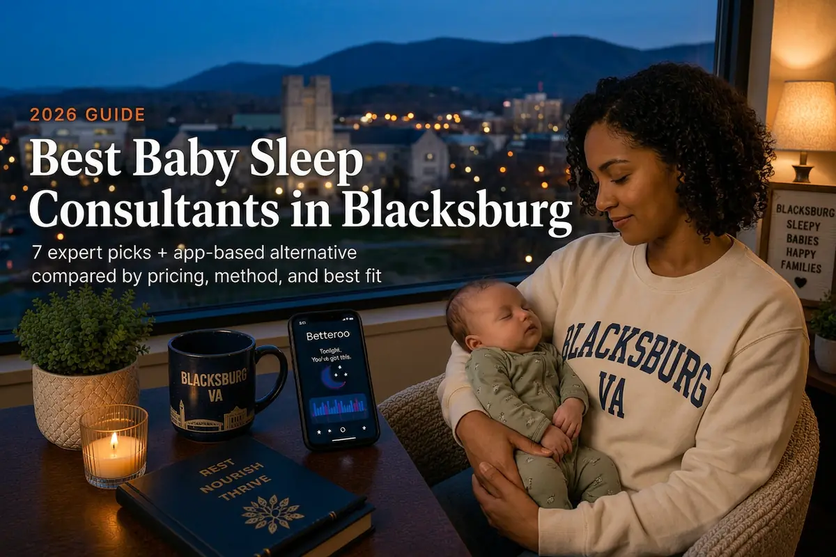 Mother holding a sleeping baby beside a window overlooking the Blue Ridge ridgeline, guide to baby sleep consultants in Blacksburg Virginia