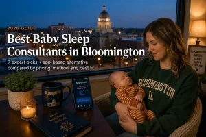 Mother holding a sleeping baby beside a window overlooking the McLean County courthouse dome, guide to baby sleep consultants in Bloomington Illinois