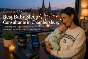 Mother holding a sleeping baby by a window above Memorial Square church steeples, baby sleep consultants in Chambersburg Pennsylvania