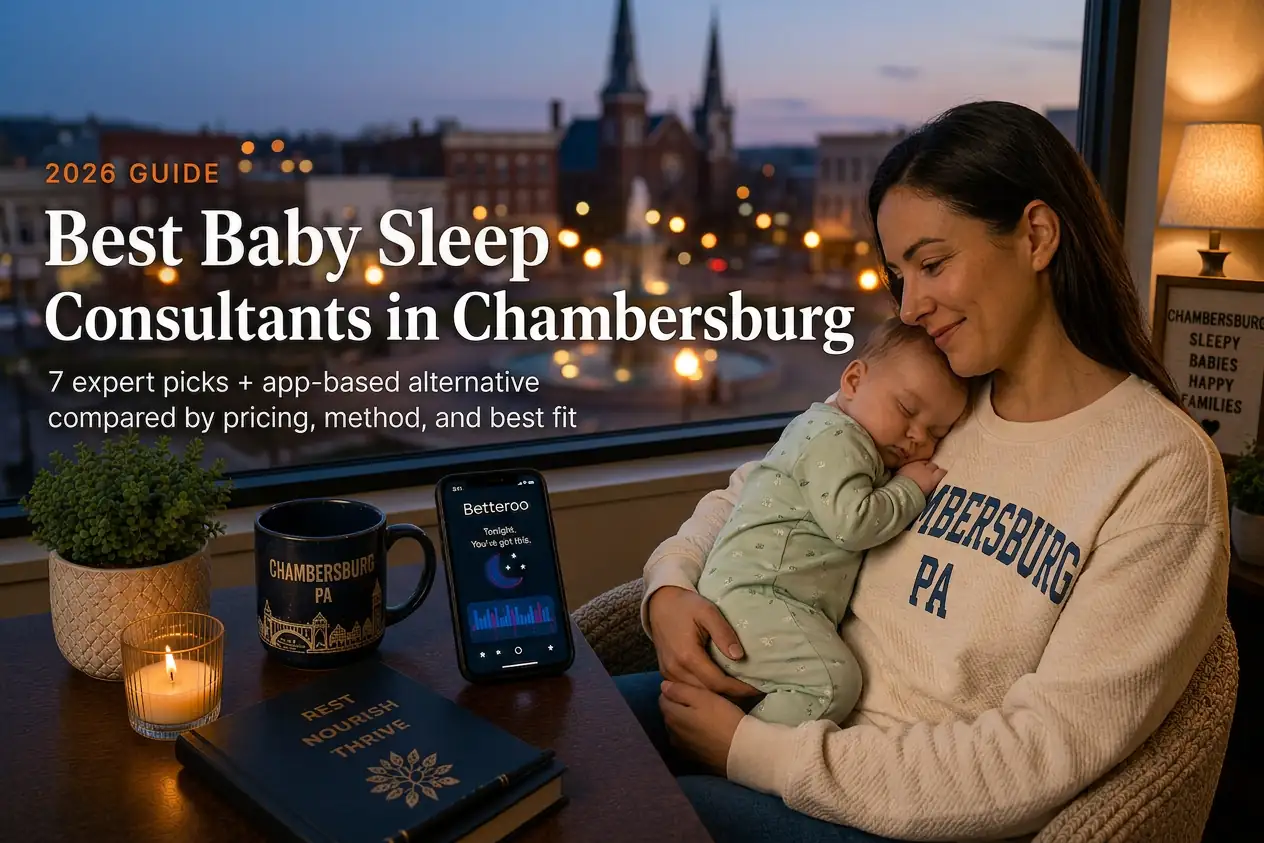 Mother holding a sleeping baby by a window above Memorial Square church steeples, baby sleep consultants in Chambersburg Pennsylvania