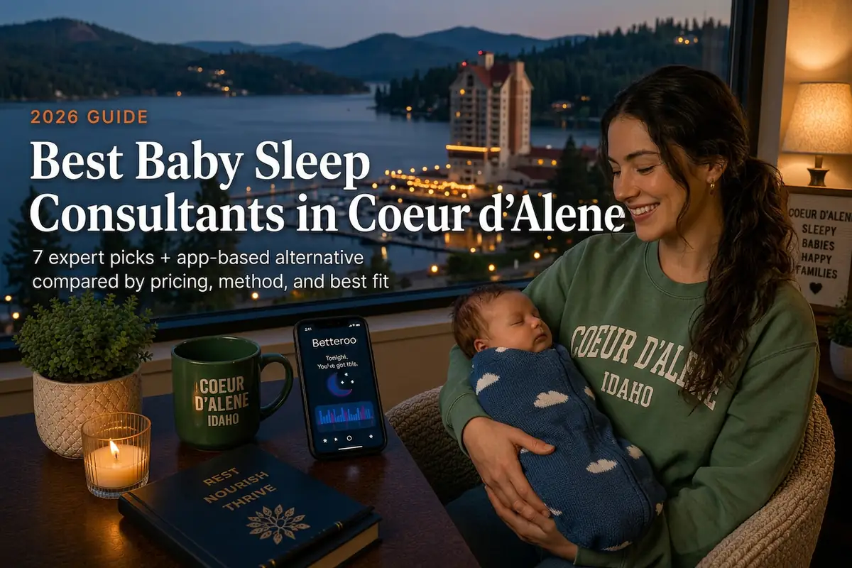Mother and sleeping baby by a window over Lake Coeur d'Alene, baby sleep consultants in Coeur d'Alene
