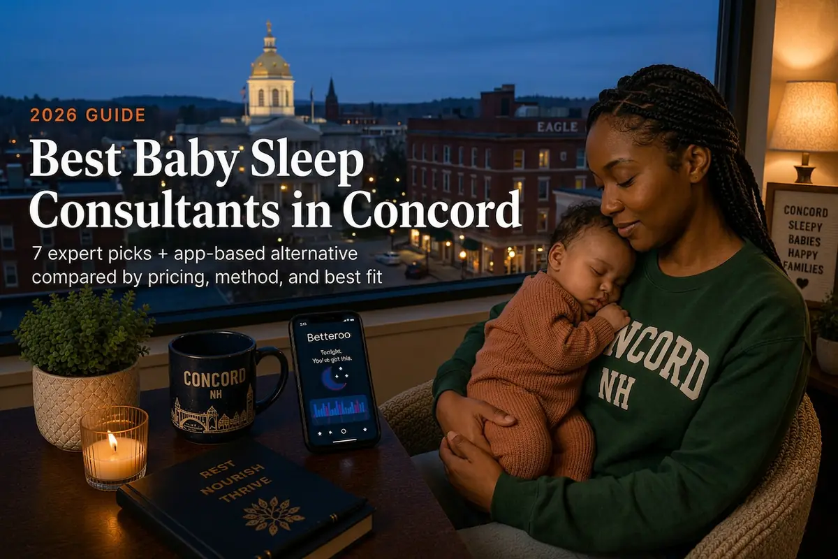 Mother cradling a sleeping baby at dusk above the Statehouse, a guide to baby sleep consultants in Concord