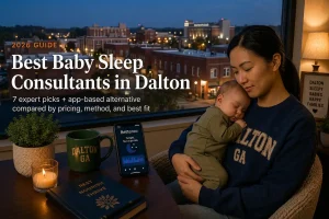Mother cradling a sleeping baby at dusk above downtown Dalton, a guide to baby sleep consultants in Dalton