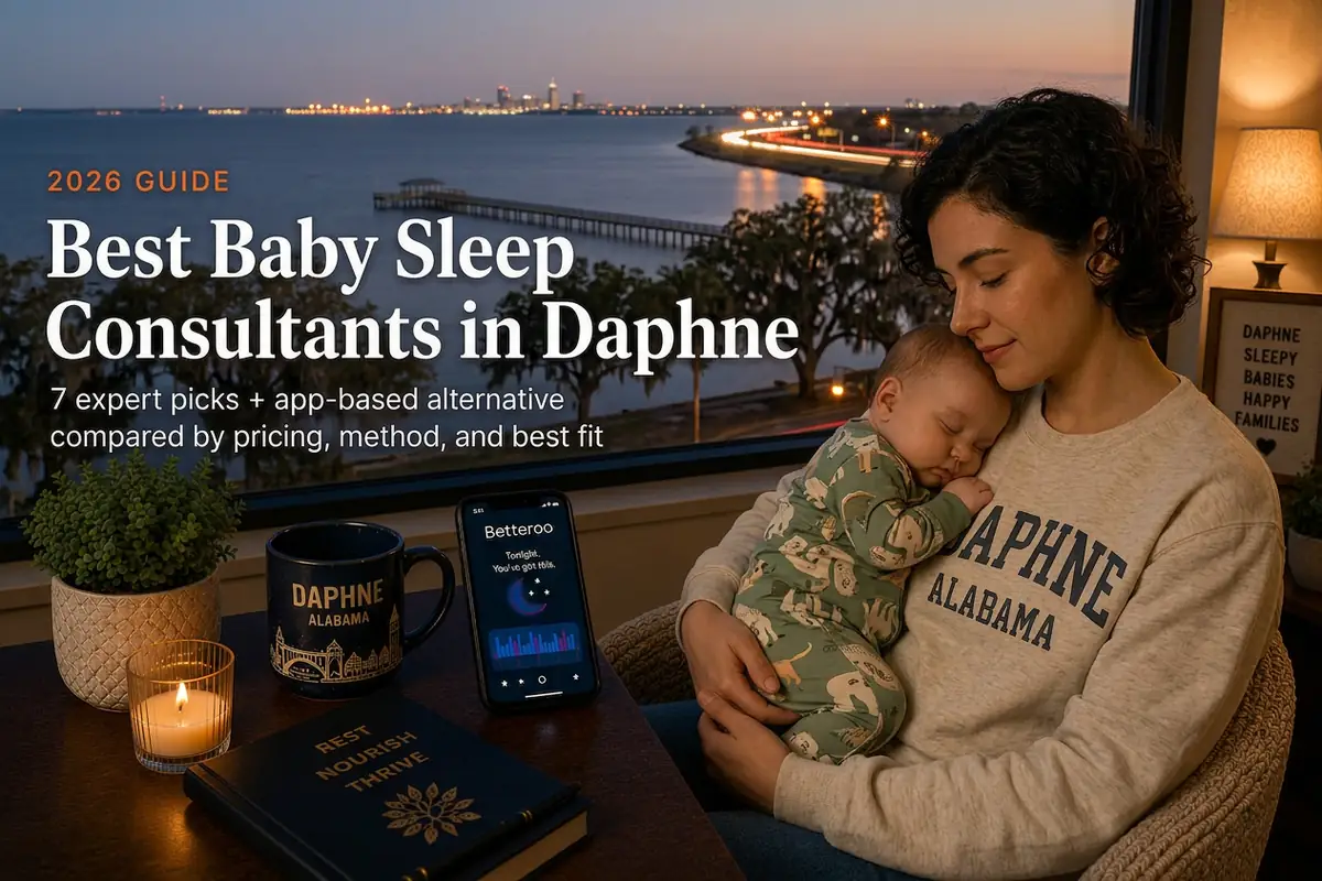 Mother and sleeping baby by a window over Mobile Bay, baby sleep consultants in Daphne Alabama guide