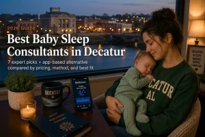 Mother holding a sleeping baby by a window above the Tennessee River downtown, baby sleep consultants in Decatur Alabama