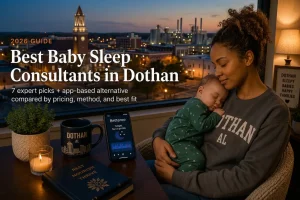 Mother holding a sleeping baby by a window overlooking the Dothan skyline at dusk, guide to baby sleep consultants in Dothan Alabama