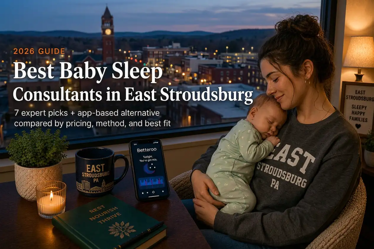 Mother holding a sleeping baby by a window overlooking the East Stroudsburg skyline at dusk, guide to baby sleep consultants in East Stroudsburg