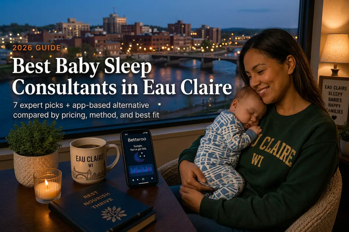 Mother holding a sleeping baby beside a window overlooking the Chippewa River bridges, guide to baby sleep consultants in Eau Claire Wisconsin