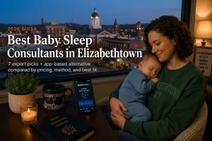 Mother rocking a newborn by a window at dawn in Kentucky, guide to baby sleep consultants in Elizabethtown