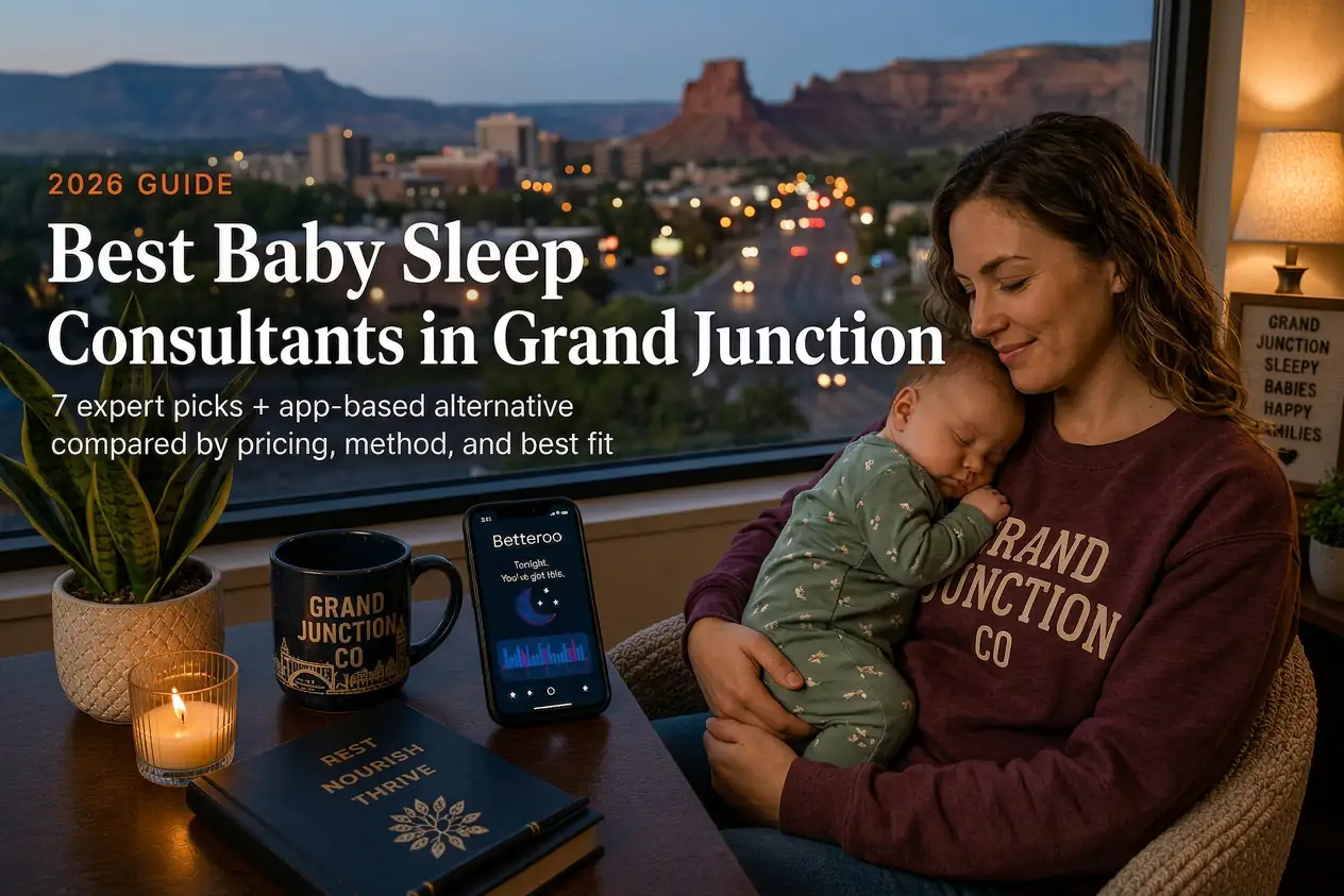 Best Baby Sleep Consultants in Grand Junction Co | Betteroo Mother holding a sleeping baby by a window above red rock mesas, baby sleep consultants in Grand Junction Colorado