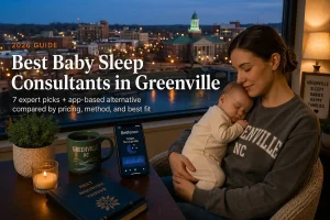 Mother holding a sleeping baby beside a window overlooking the Tar River and downtown at dusk, guide to baby sleep consultants in Greenville North Carolina