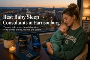 Mother rocking a sleeping baby at dusk above the Shenandoah Valley, baby sleep consultants in Harrisonburg