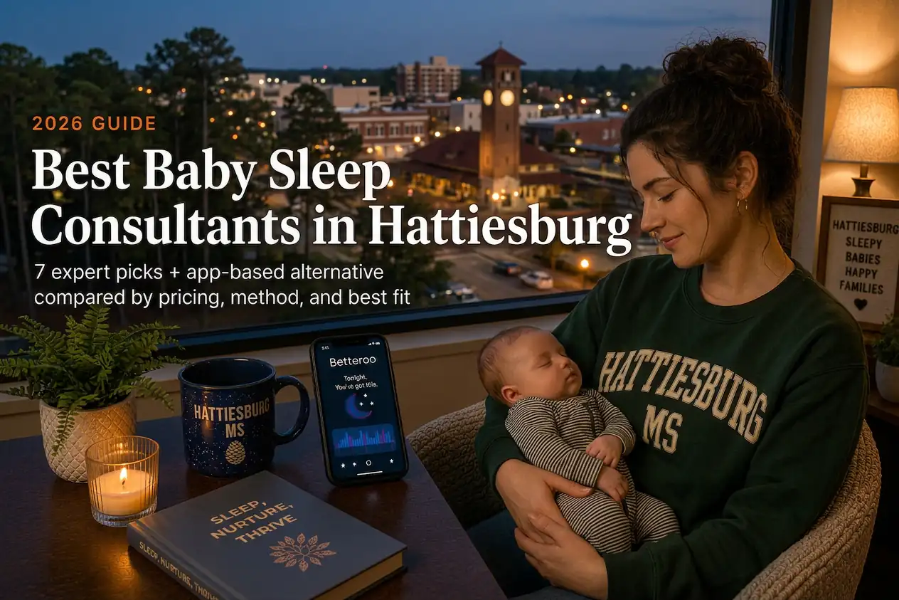 Mother holding a sleeping baby by a window above the depot clock tower, baby sleep consultants in Hattiesburg Mississippi