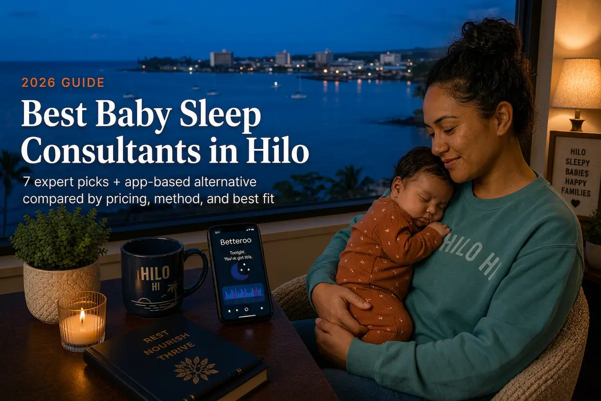 Mother cradling a sleeping baby at dusk above Hilo Bay, a guide to baby sleep consultants in Hilo