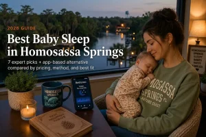 Mother holding a sleeping baby beside a window overlooking the cypress lined Homosassa River, guide to baby sleep consultants in Homosassa Springs Florida