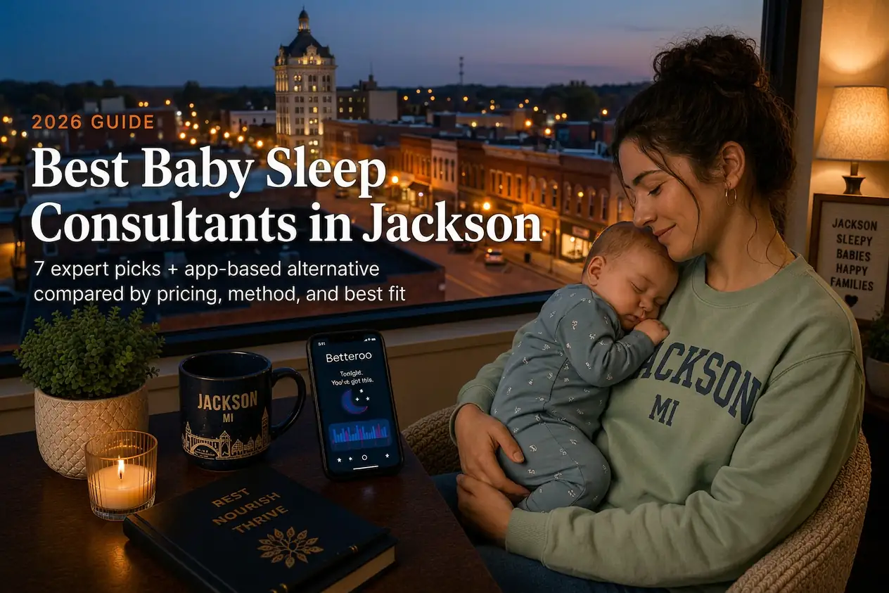 Mother holding a sleeping baby by a window above downtown brick storefronts, baby sleep consultants in Jackson Michigan