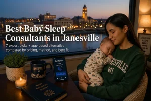 Mother holding a sleeping baby beside a window overlooking the Rock River and courthouse tower, guide to baby sleep consultants in Janesville Wisconsin