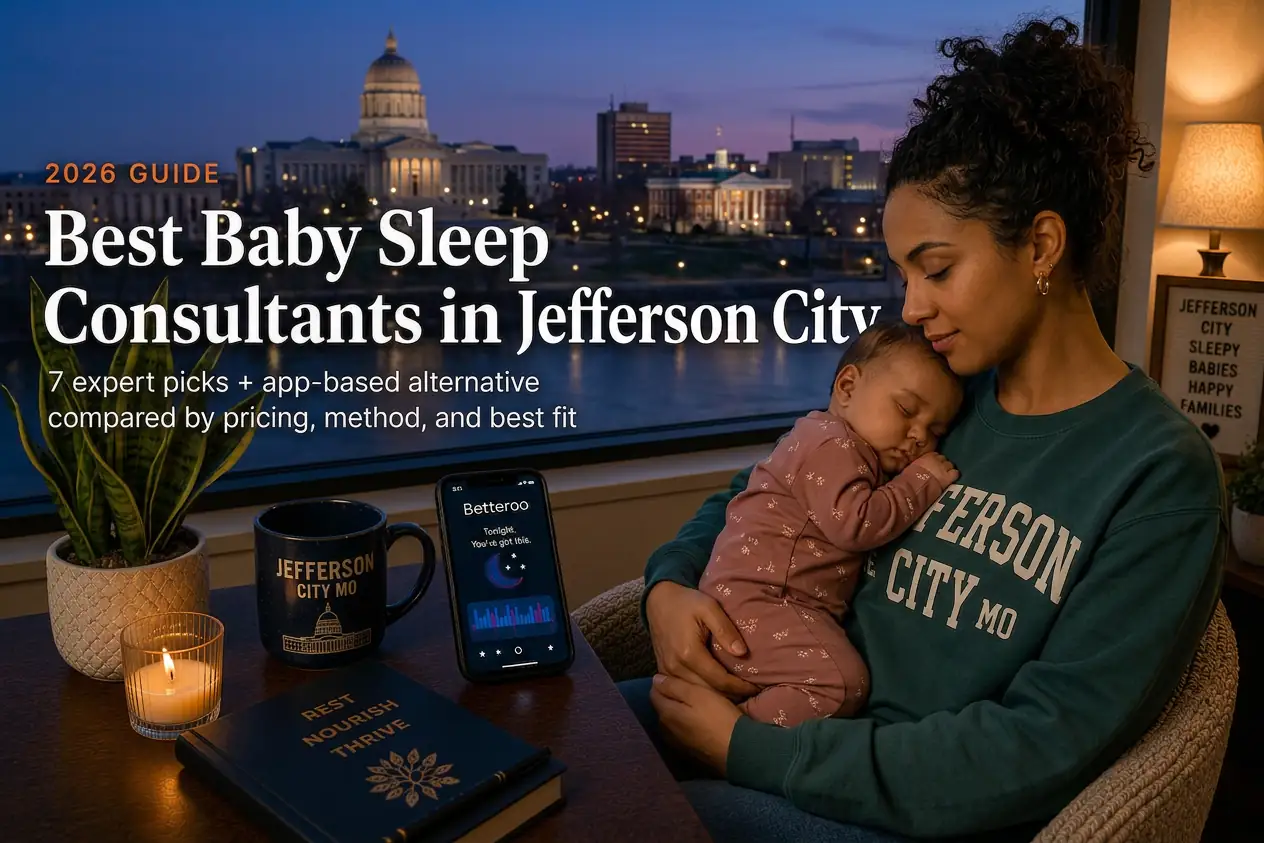 Mother holding a sleeping baby by a window overlooking the Jefferson City Missouri capitol skyline at dusk, guide to baby sleep consultants in Jefferson City