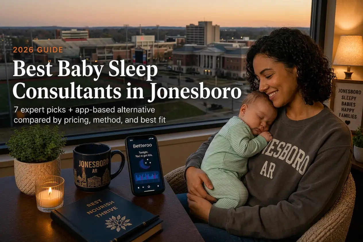 Mother rocking a sleeping baby near Arkansas State's campus at dusk, baby sleep consultants in Jonesboro