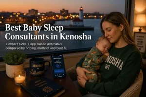 Mother holding a sleeping baby beside a window overlooking the North Pier lighthouse on Lake Michigan, guide to baby sleep consultants in Kenosha Wisconsin