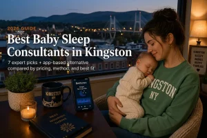 Mother holding a sleeping baby beside a window overlooking the Rondout Creek bridge, guide to baby sleep consultants in Kingston New York