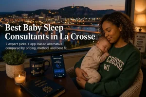 Mother holding a sleeping baby beside a window overlooking the Mississippi River bridges and Grandad Bluff, guide to baby sleep consultants in La Crosse Wisconsin