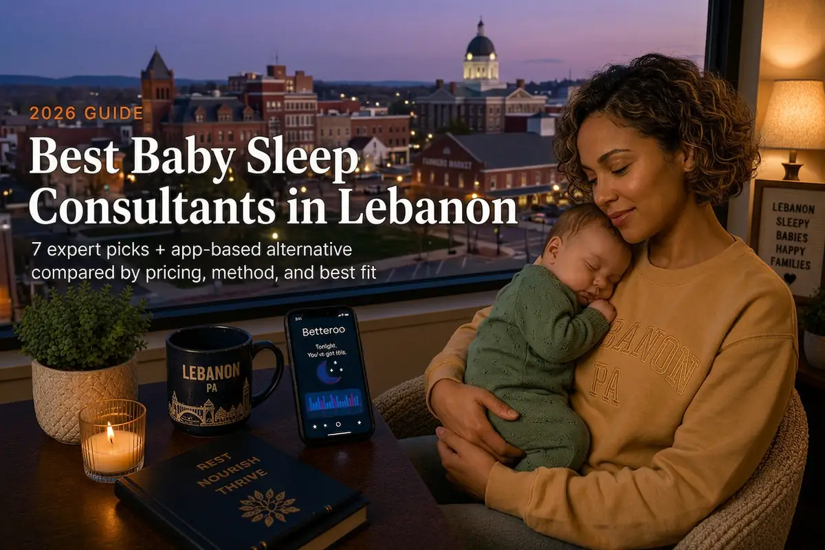 Mother cradling a sleeping baby at dusk above downtown Lebanon, a guide to baby sleep consultants in Lebanon