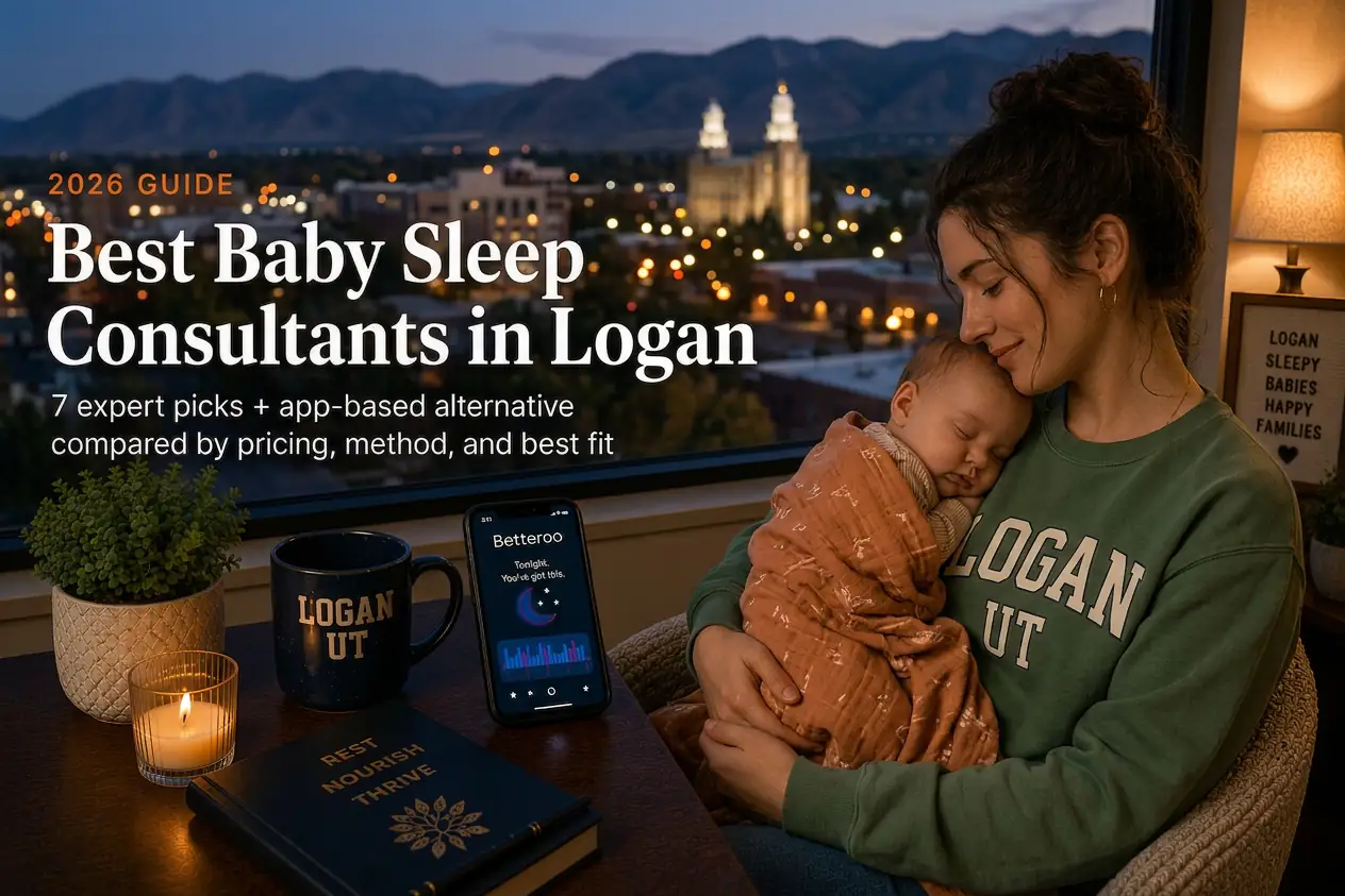 Mother holding a sleeping baby by a window above temple spires and mountains, baby sleep consultants in Logan Utah