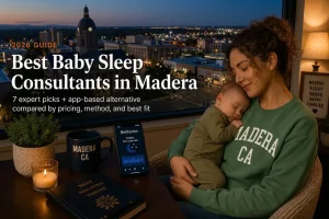 Baby asleep in a Madera nursery at dusk, guide to baby sleep consultants in Madera Central Valley