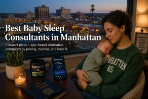 Mother rocking a sleeping baby overlooking the Flint Hills at dusk, baby sleep consultants in Manhattan