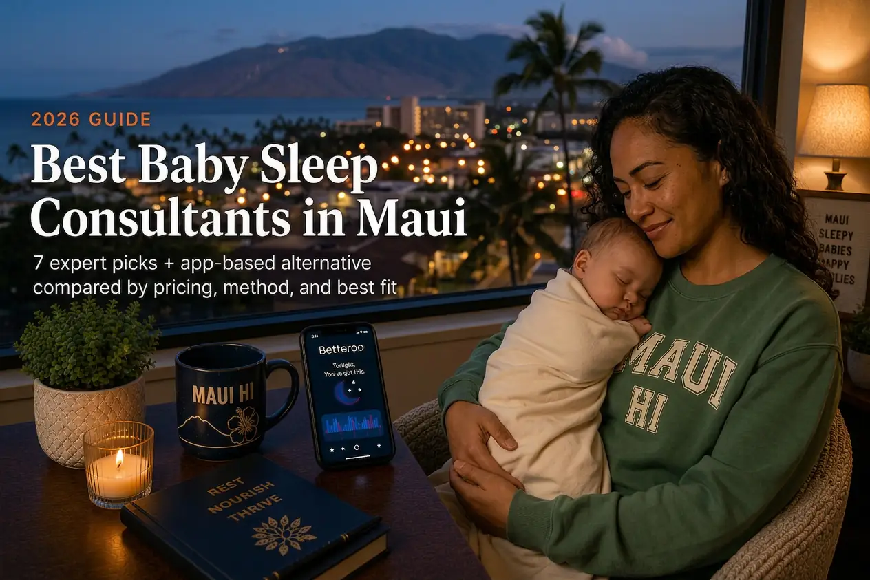 Best Baby Sleep Consultants in Maui Hi | Betteroo Mother holding a sleeping baby by a window above palms and ocean, baby sleep consultants in Maui Hawaii