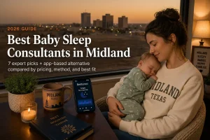 Mother and sleeping baby by a window over the Midland Texas skyline, baby sleep consultants in Midland