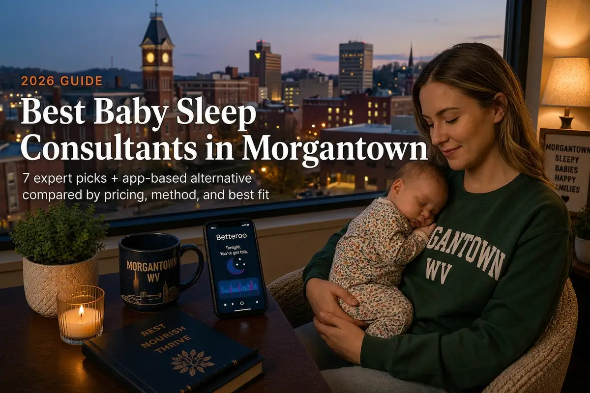 Mother cradling a sleeping baby at dusk above downtown Morgantown, a guide to baby sleep consultants in Morgantown