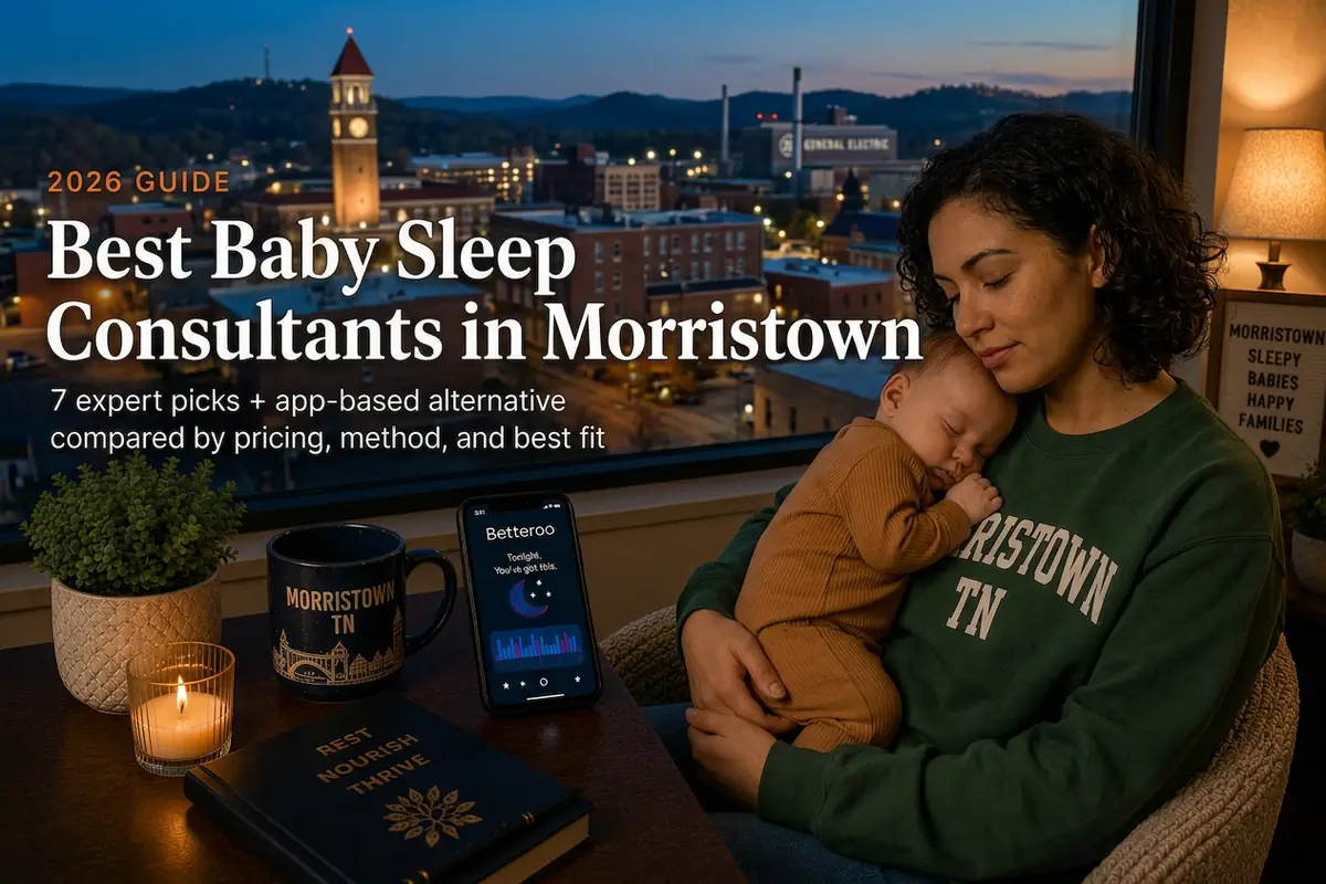 Mother cradling a sleeping baby at dusk above downtown Morristown, a guide to baby sleep consultants in Morristown