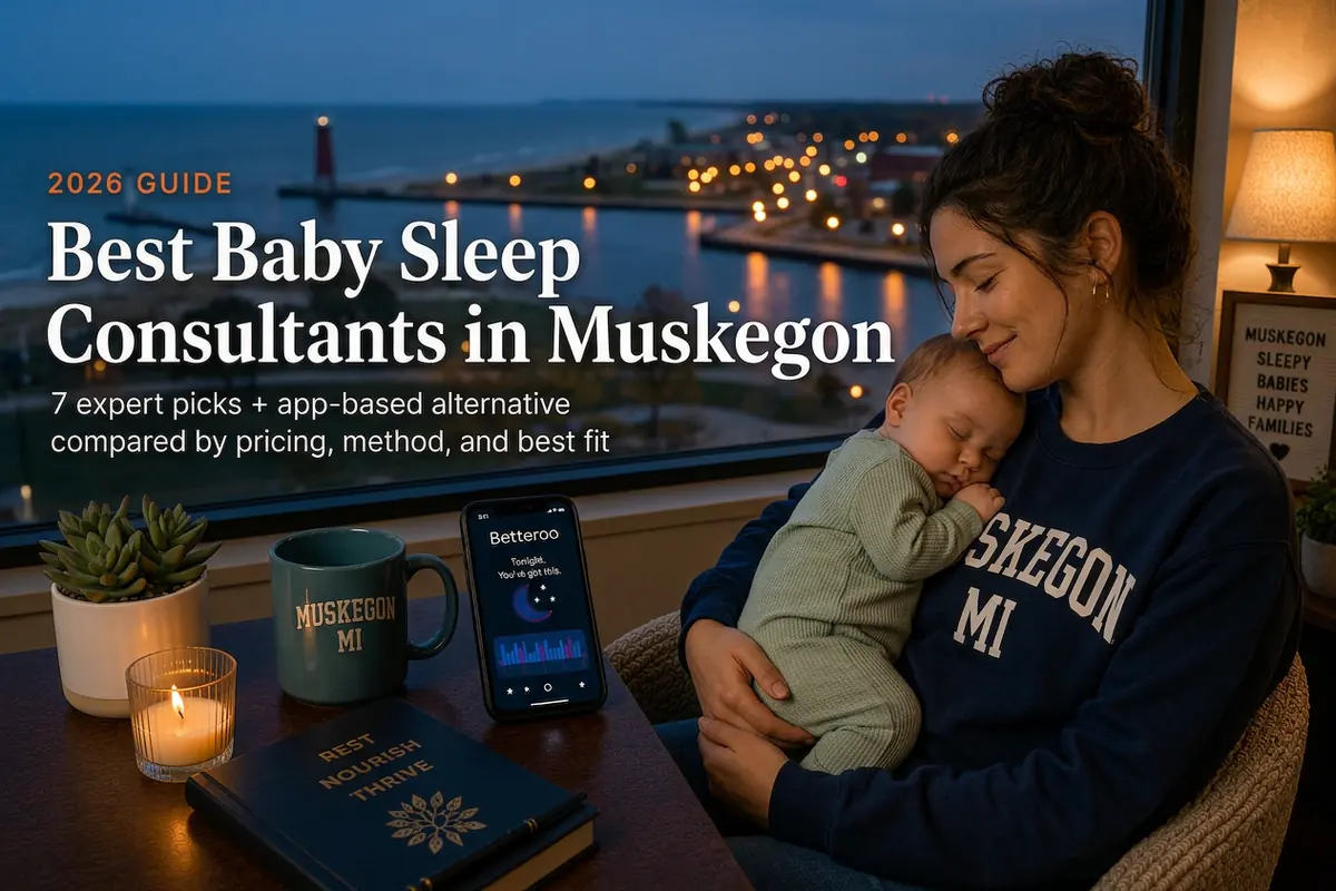 Mother holding a sleeping baby beside a window overlooking the Lake Michigan channel lighthouse, guide to baby sleep consultants in Muskegon Michigan
