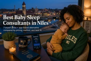 Top 6 Best Baby Sleep Consultants in Niles Mi 2026 | Betteroo Sleeping newborn beside the St. Joseph River in Niles Michigan, guide to baby sleep consultants in Niles