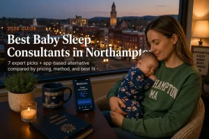 Mother holding a sleeping baby by a window above Main Street brick storefronts, baby sleep consultants in Northampton Massachusetts