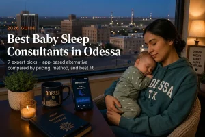 Mother holding a sleeping baby beside a window overlooking downtown and distant oil derricks, guide to baby sleep consultants in Odessa Texas