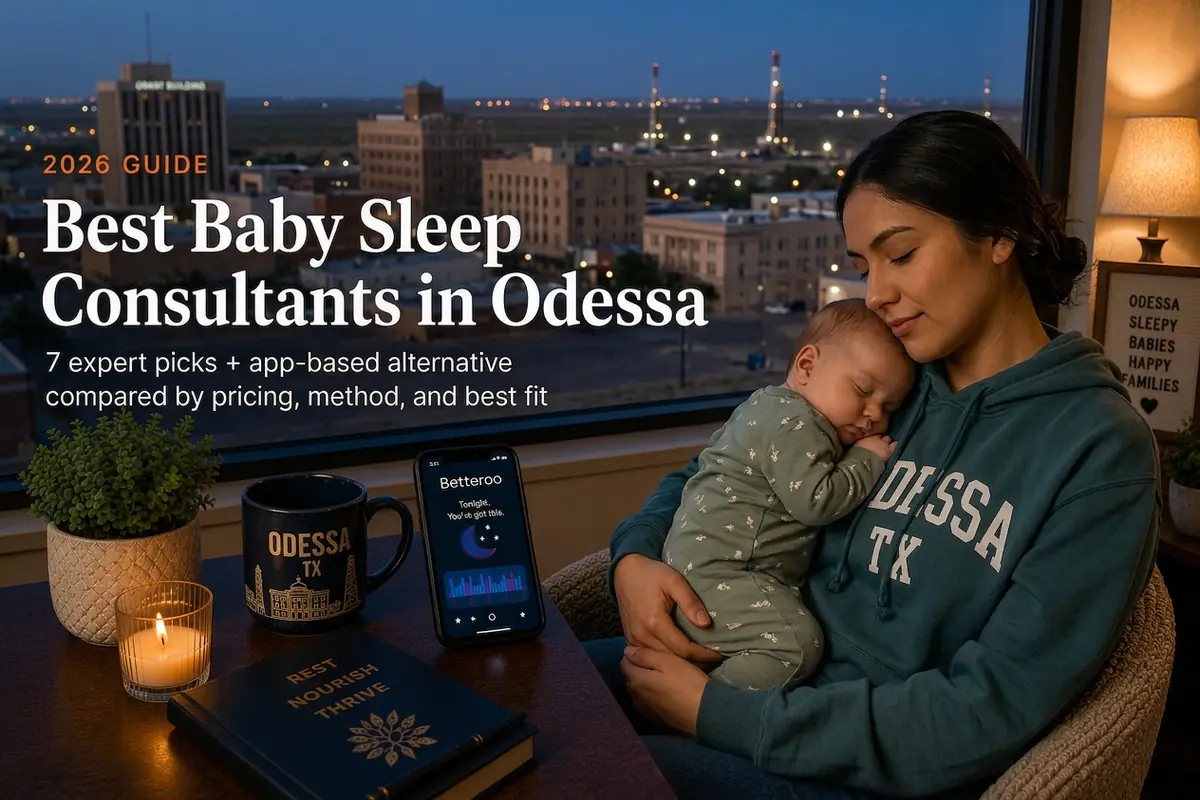 Mother holding a sleeping baby beside a window overlooking downtown and distant oil derricks, guide to baby sleep consultants in Odessa Texas