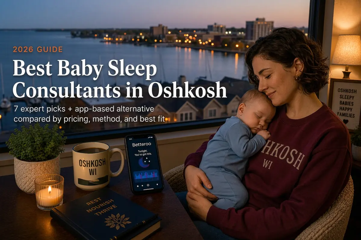 Mother holding a sleeping baby beside a window overlooking the Lake Winnebago waterfront, guide to baby sleep consultants in Oshkosh Wisconsin