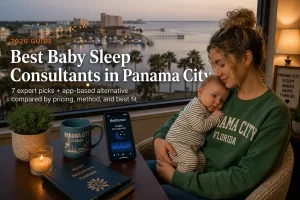 Mother and baby by a window over the St Andrews Bay marina, baby sleep consultants in Panama City