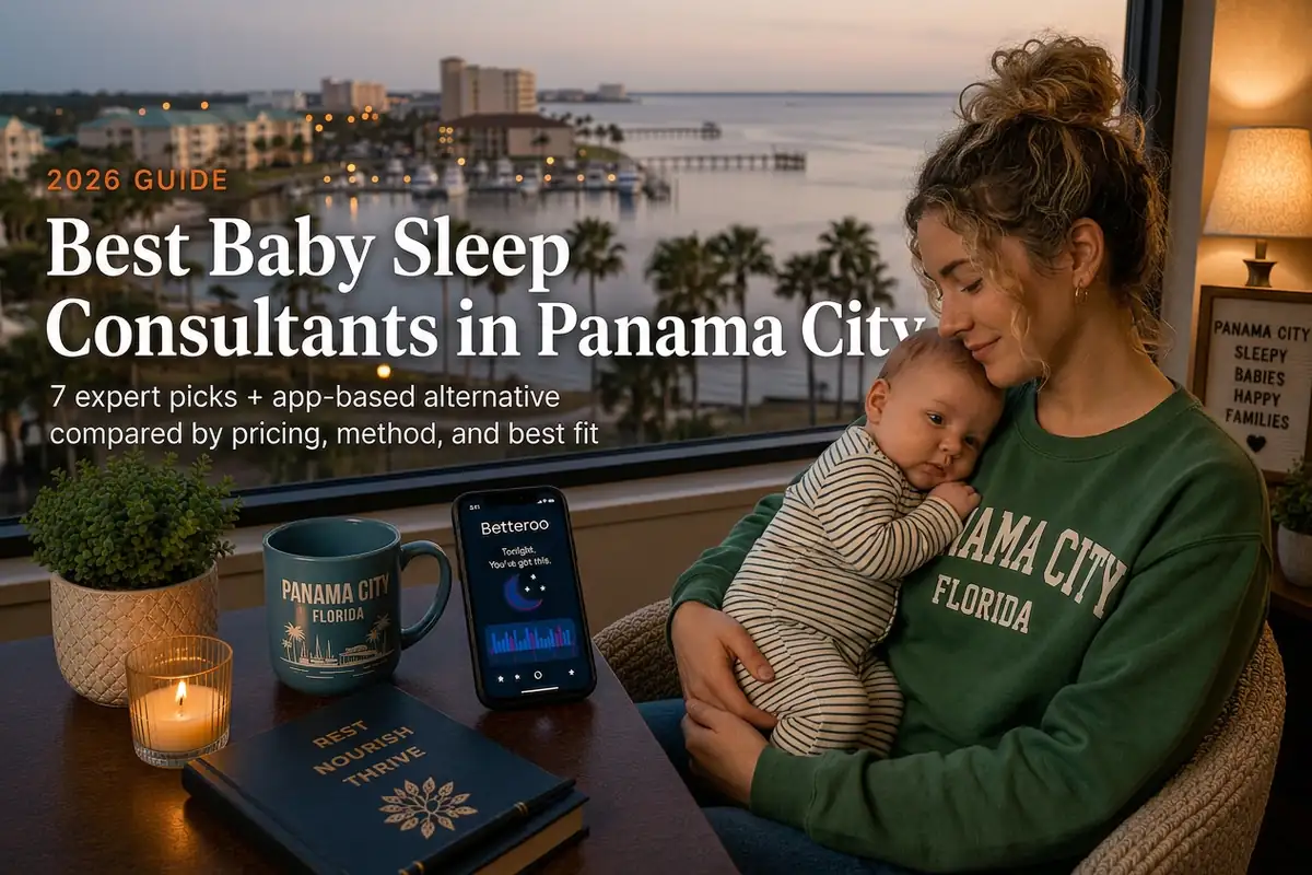 Mother and baby by a window over the St Andrews Bay marina, baby sleep consultants in Panama City