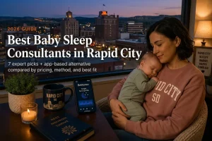 Best Baby Sleep Consultants in Rapid City Sd 2026 | Betteroo Mother cradling a sleeping baby above the Black Hills, a guide to baby sleep consultants in Rapid City