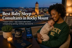 Tired parent holding a sleeping newborn at dawn in eastern North Carolina, baby sleep consultants in Rocky Mount