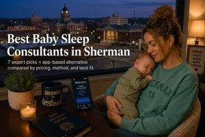 Mother rocking a sleeping baby beside a window overlooking Lake Texoma, baby sleep consultants in Sherman