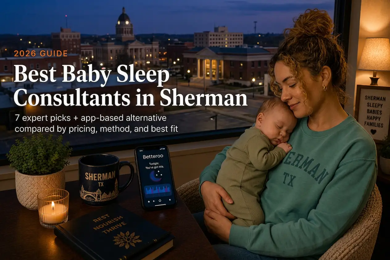 Mother rocking a sleeping baby beside a window overlooking Lake Texoma, baby sleep consultants in Sherman