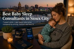 Mother holding a sleeping baby by a window overlooking the Sioux City Iowa skyline at dusk, guide to baby sleep consultants in Sioux City