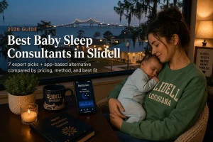 Mother and sleeping baby by a window over Lake Pontchartrain, baby sleep consultants in Slidell guide